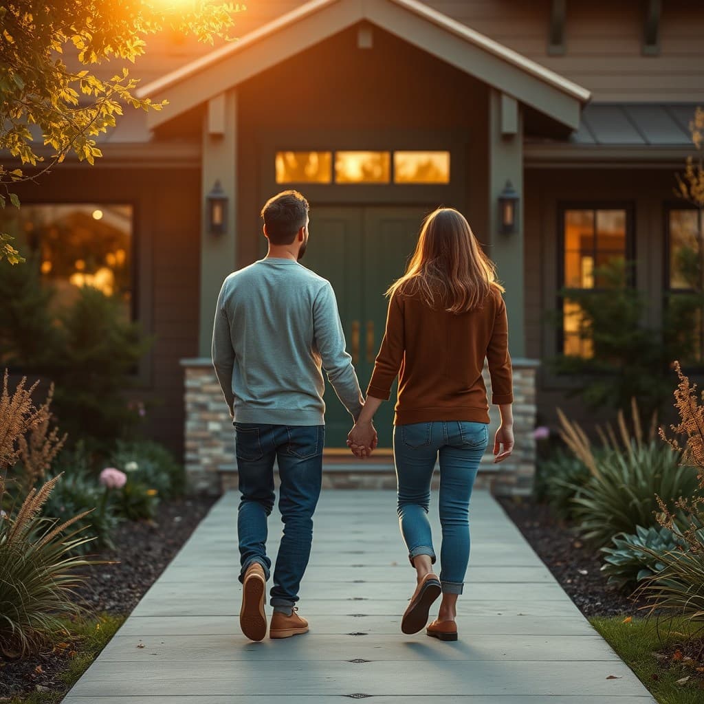 A couple reviewing paperwork together in their new home